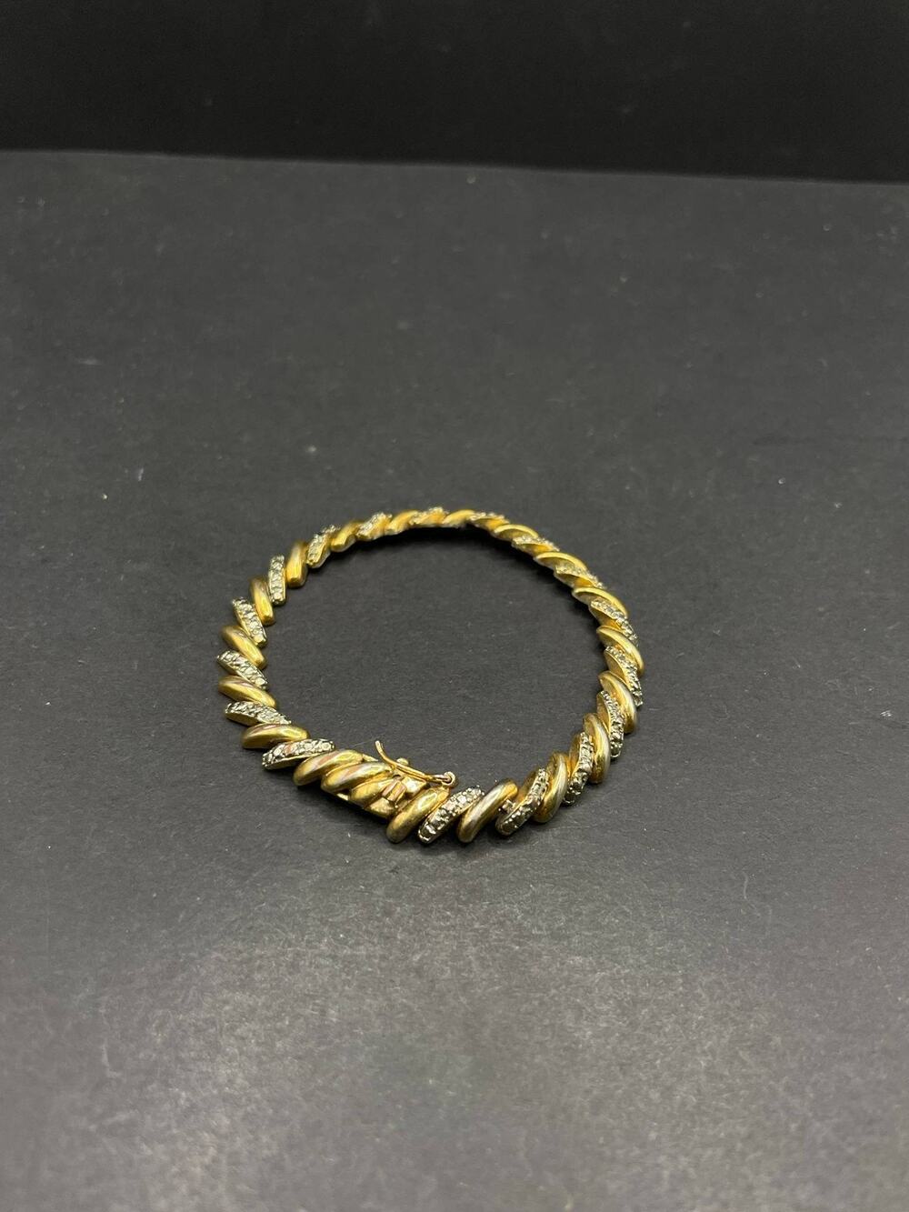 FAS 925 Sterling Silver Gold Vermeil Twisted Link Diamond Accent Bracelet